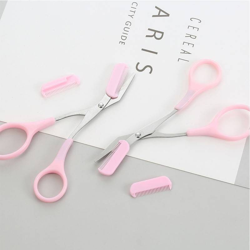 Eyebrow Scissors Eyelash Hair Comb Trimmer Stainless Steel Eyebrows pink / black