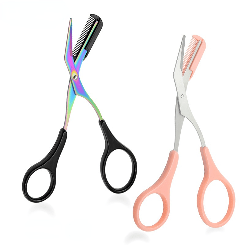 Eyebrow Scissors Eyelash Hair Comb Trimmer Stainless Steel Eyebrows pink / black