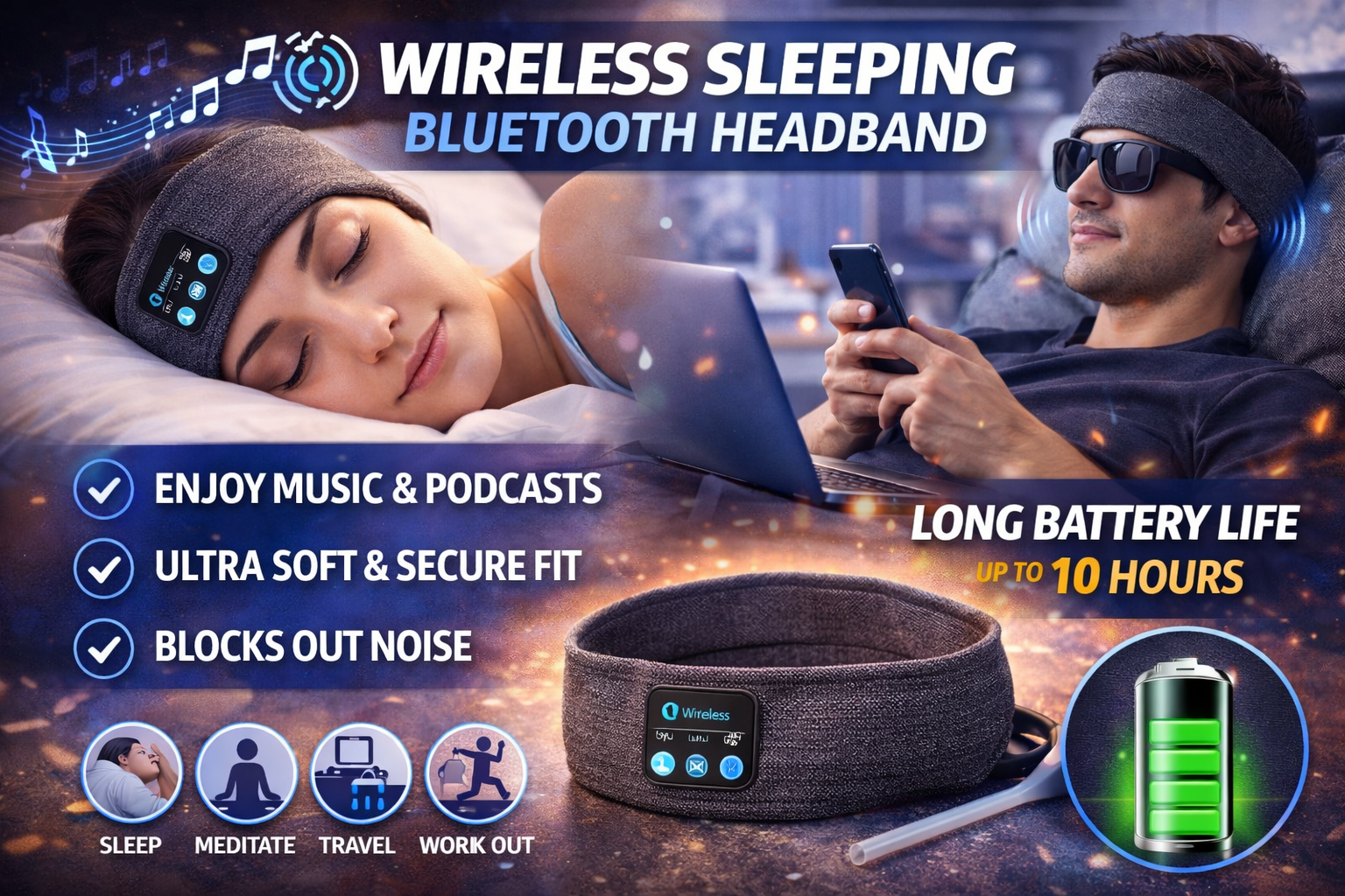 Wireless Bluetooth Headband Headphones – Sleep, Workout & Travel Headphones with Long Battery Life & Soft Fabric Design