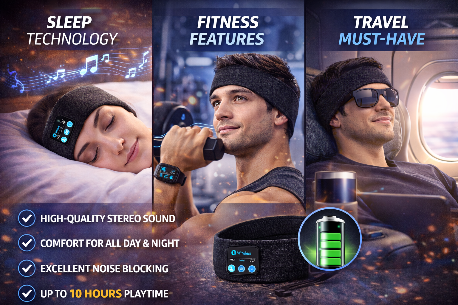Wireless Bluetooth Headband Headphones – Sleep, Workout & Travel Headphones with Long Battery Life & Soft Fabric Design
