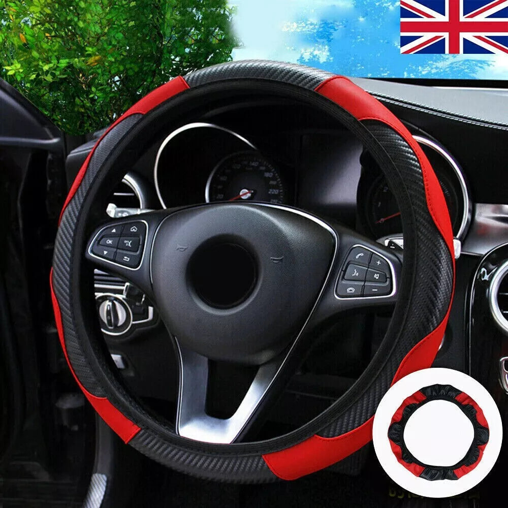 Car Steering Leather Wheel Cover Carbon Breathable Anti-Slip PU Suitable 37-38cm