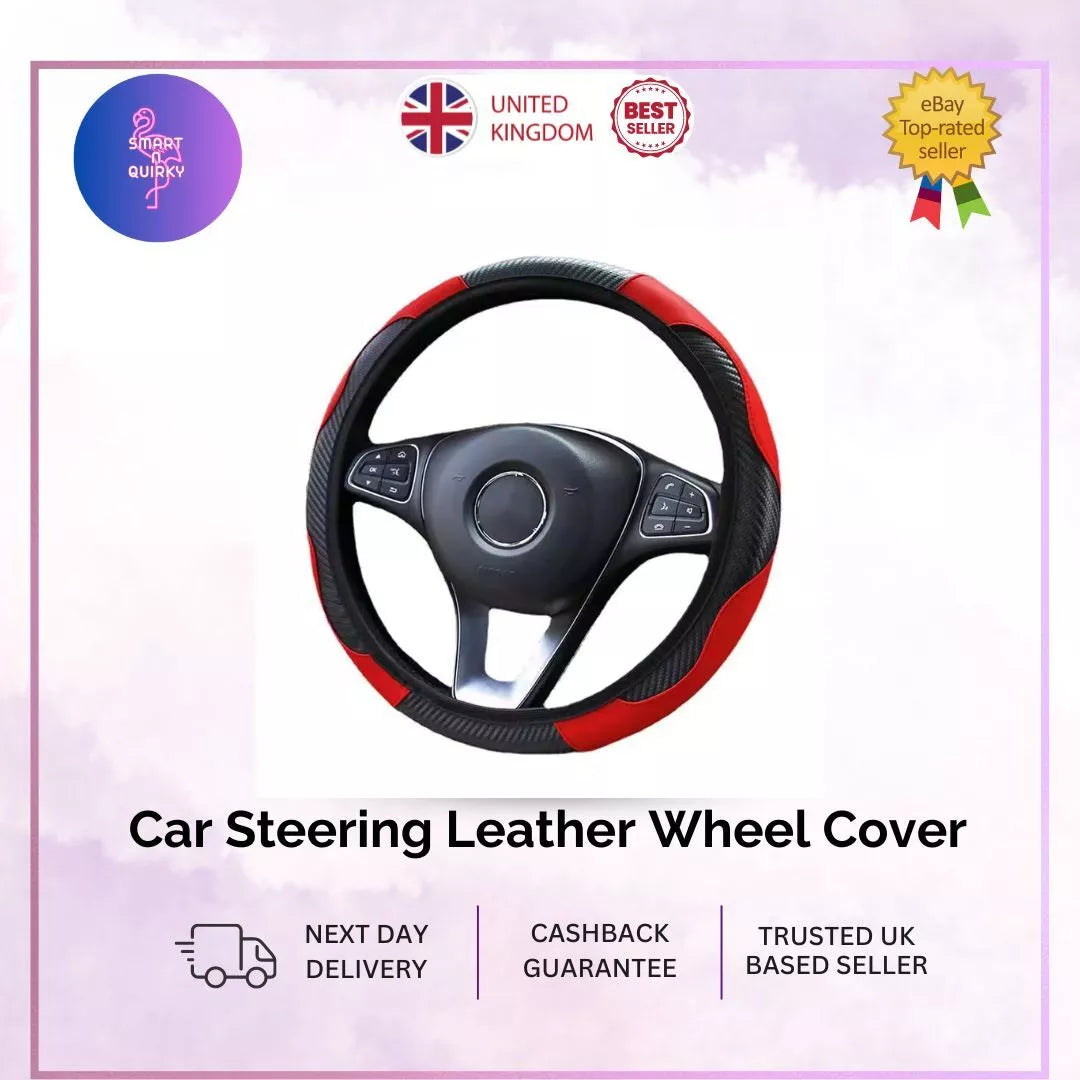 Car Steering Leather Wheel Cover Carbon Breathable Anti-Slip PU Suitable 37-38cm